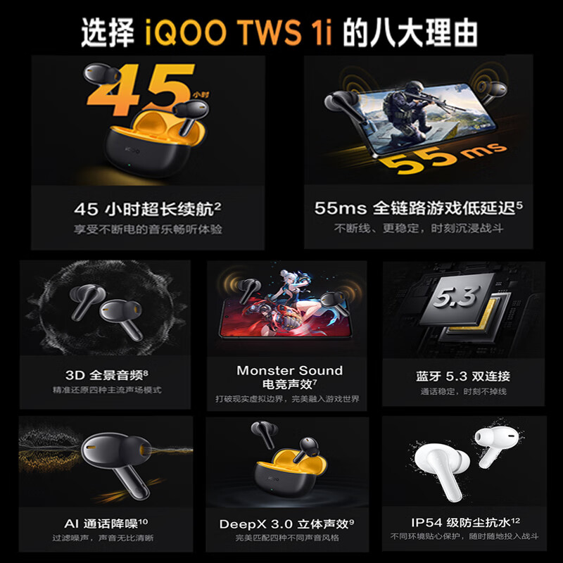 iQOOTWS 1i无线蓝牙耳机iqootws1i入耳式长续航iqootws1e新品iQOO耳机 TWS 1i星珠黄（送纯色保护套）