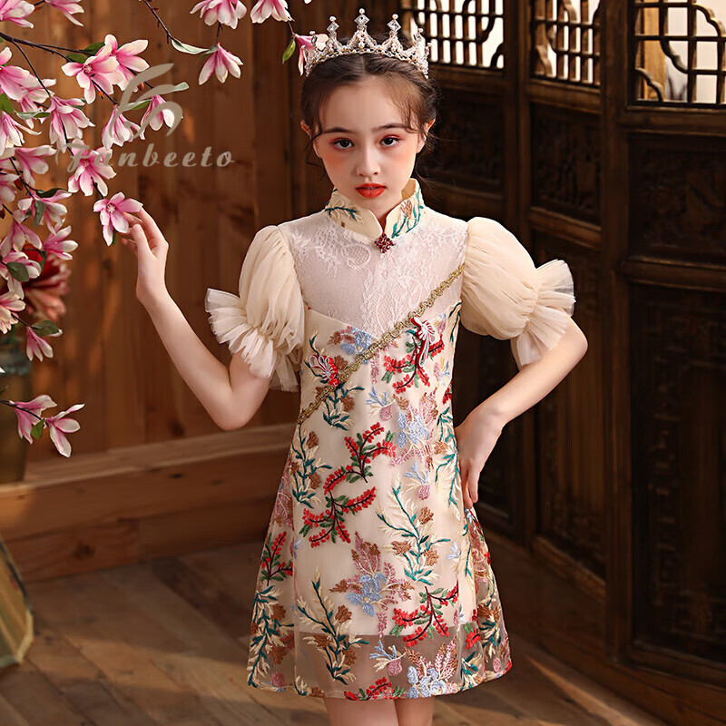 法比兔(fanbeeto)儿童旗袍礼服夏女童复古大童中国风公主裙唐装走秀
