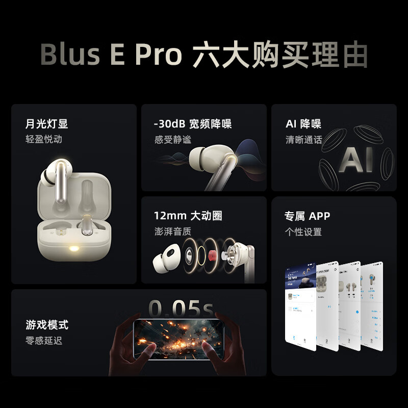 lifeme魅蓝蓝牙耳机 Blus Epro无线耳机 主动降噪耳机 月光灯显 蓝牙5.4 适用魅族苹果16华为小米手机 BlusEpro(ANC主动降噪)