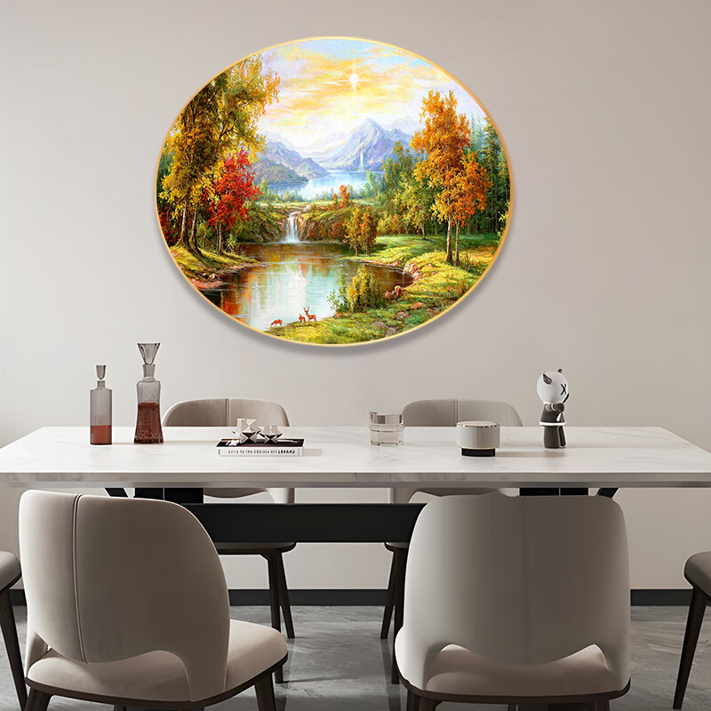 爱伦油画廊山水瀑布聚宝盆风景简约手绘油画椭圆形入户玄关装饰挂画