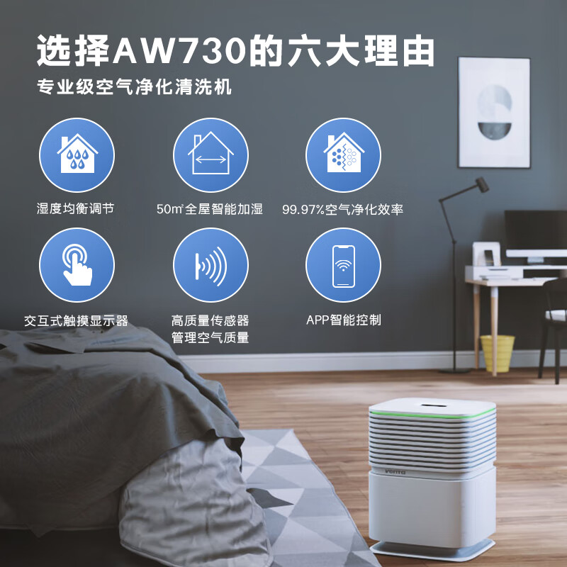 venTa空气净化加湿一体机AW730无雾冷蒸发落地静音家用客厅卧室花粉雾霾防过敏文塔温坦德国 【加湿净化2合1+湿度预设+PM2.5数显】