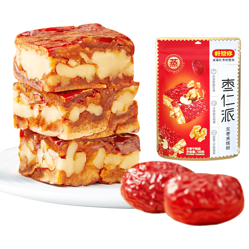 好想你_枣仁派 果干蜜饯枣夹心核桃 灰枣新疆特产休闲孕妇零食红小派 灰枣枣仁派198g*2袋【约14大块】