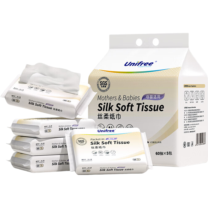 unifree婴儿柔纸巾乳霜纸抽纸三层60抽宝宝乳霜纸 柔润保湿面巾纸 丝柔纸巾60抽*5包