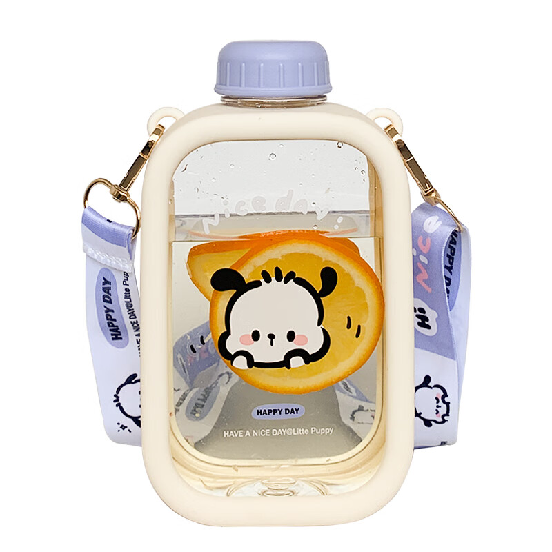 初和（CRUHRE）可爱水杯女生方形夏季小学生上学专用男孩杯子防摔网红儿童扁水壶 550ml 摸脸睁眼-【背带斜挎】