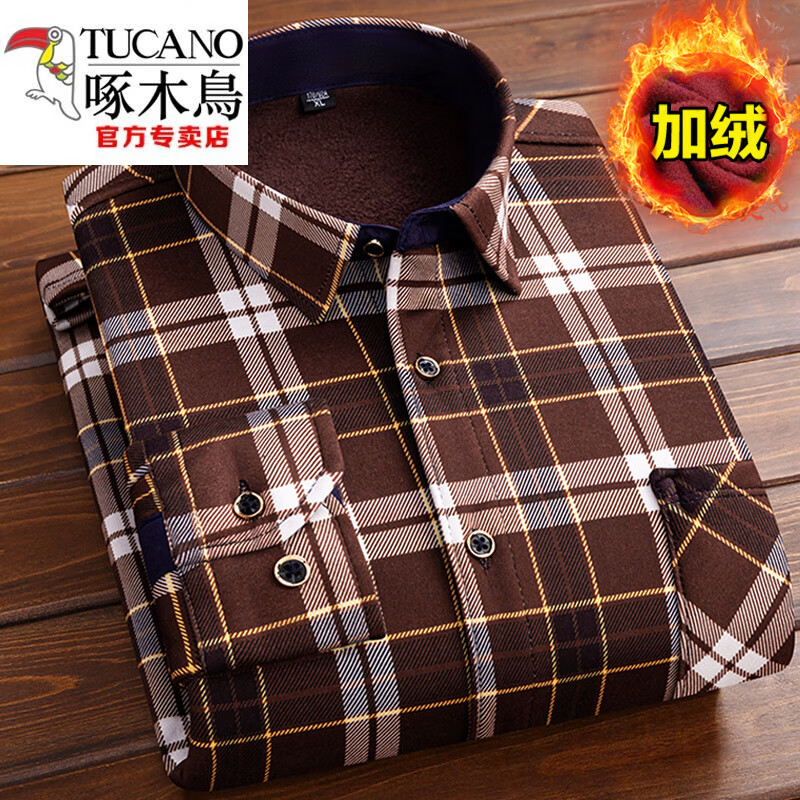 啄木鸟（TUCANO）秋冬男士长袖加绒衬衣保暖衬衫加厚格子外套印花衣服男休闲爸爸装 C637 2XL 适合140斤-159斤