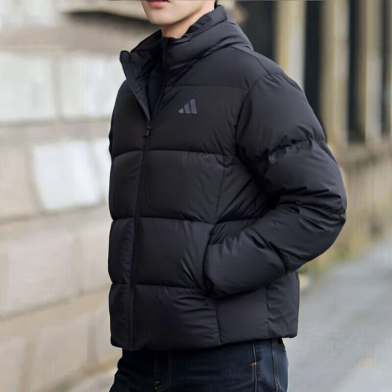 阿迪达斯（adidas）羽绒服男装男士 2025冬季新款户外运动服保暖防风连帽棉羽外套男 黑色/刺绣logo 【600蓬】 XL