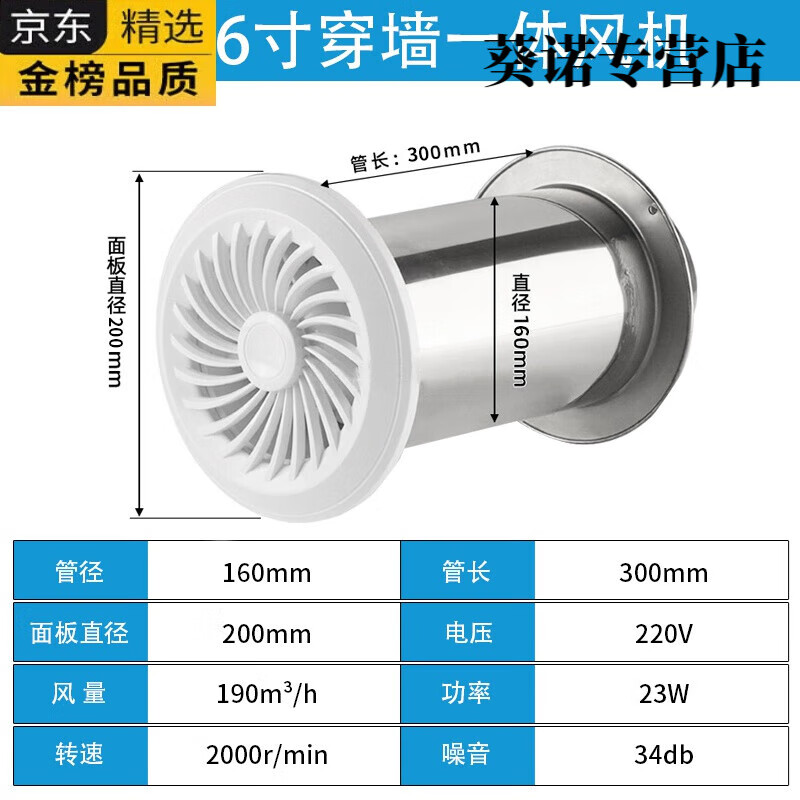 德國進(jìn)口品質(zhì)穿墻一體式管道抽風(fēng)機(jī)排氣扇廚房衛(wèi)生間低噪排風(fēng)換氣 C款160(管長300mm)