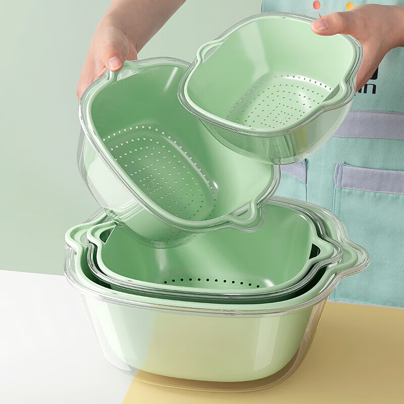 优勤 沥水篮塑料双层加厚洗菜盆厨房客厅家用洗水果篮淘米神器 6件套