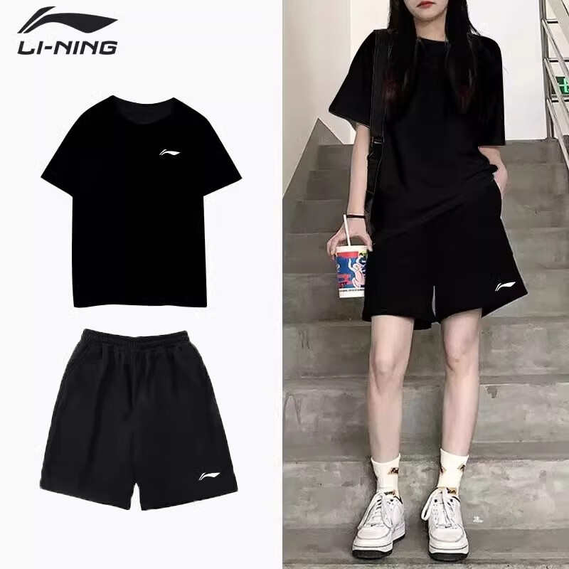 李宁运动套装女夏季冰丝速干透气T恤薄款宽松休闲女士短袖短裤两件套 黑色-速干-斜插口袋 L /175（110-129斤）
