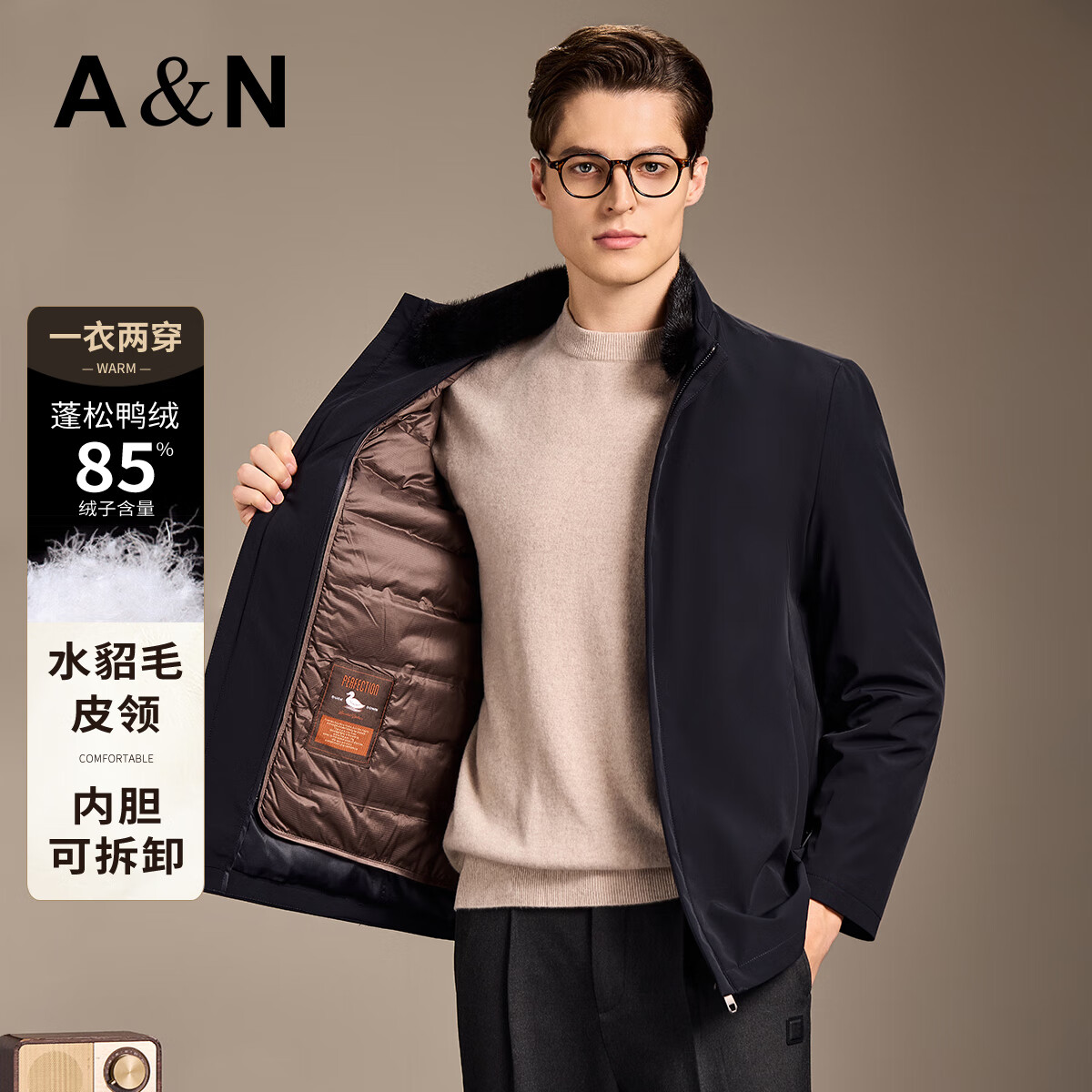 安东尼奥【水貂毛领&amp;羽绒可拆内胆】立领防风保暖羽绒服男冬商务休闲外套