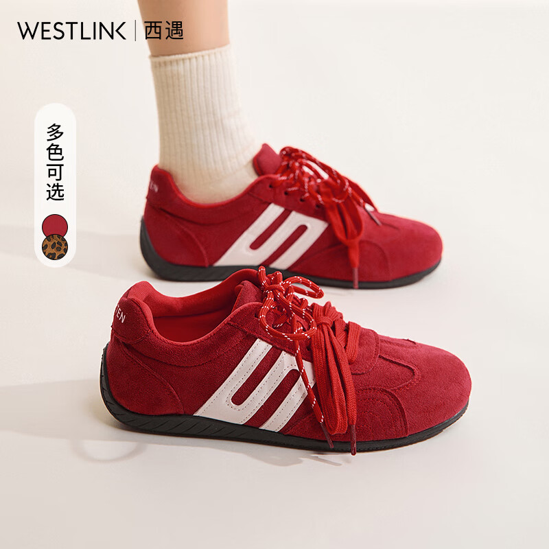 西遇（Westlink）德训鞋女2026新款秋季双鞋带豹纹休闲红色平底运动鞋 酒红色 预售15天 37 (235)