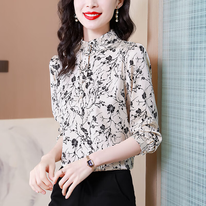 蔺涵木耳边立领衬衫女士长袖桑蚕丝打底衬衣春秋新款洋气碎花真丝上衣