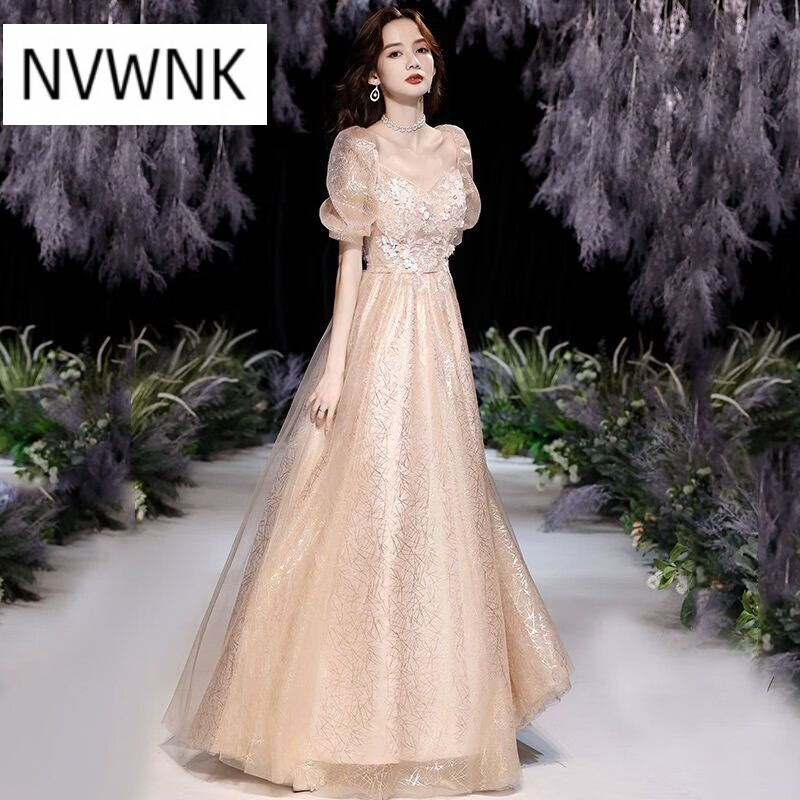 NVWNK晚礼服女2022新款高端气质显瘦小香风裙优雅修身名媛成 香槟色 长款 XL