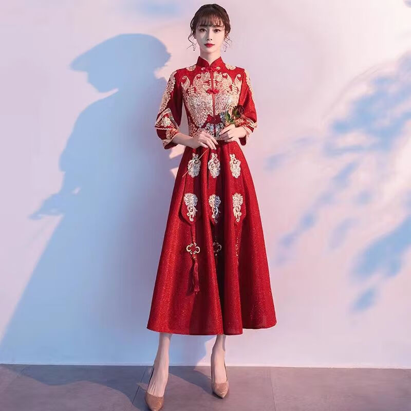 vfkz秀禾服新娘2023敬酒服新款夏季高级感中式红色长袖结婚礼服裙女夏