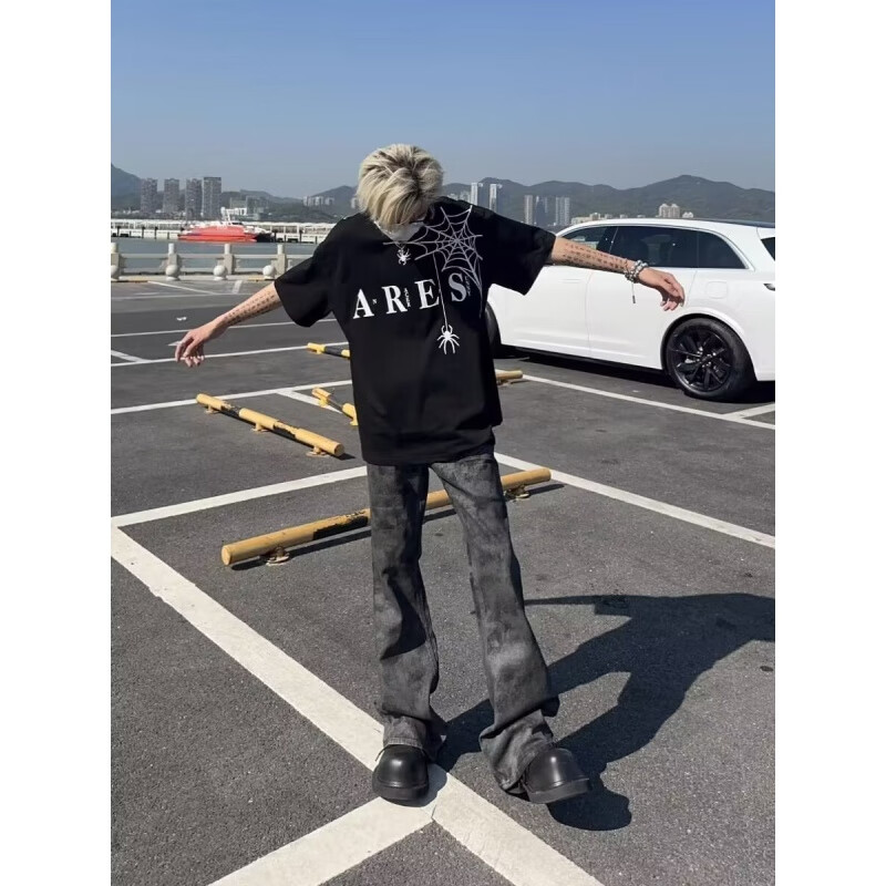 黑盒白美式印花蜘蛛短袖t恤男女春夏季新款国潮高街oversize五分上衣男 JXFS-1019黑色 XL 【130-145斤】