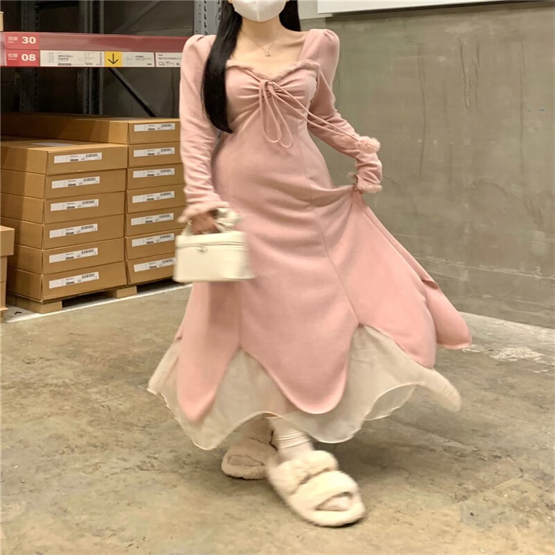 语伊秋冬连衣裙甜美风粉色初恋女毛边设计感不规则长裙收腰 粉红色 l