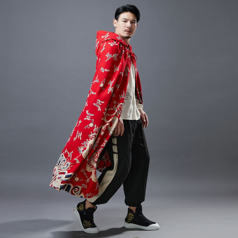 麻凡布衣秋冬斗篷披肩  汉服披风古装国风男麻棉印花 红色 均码