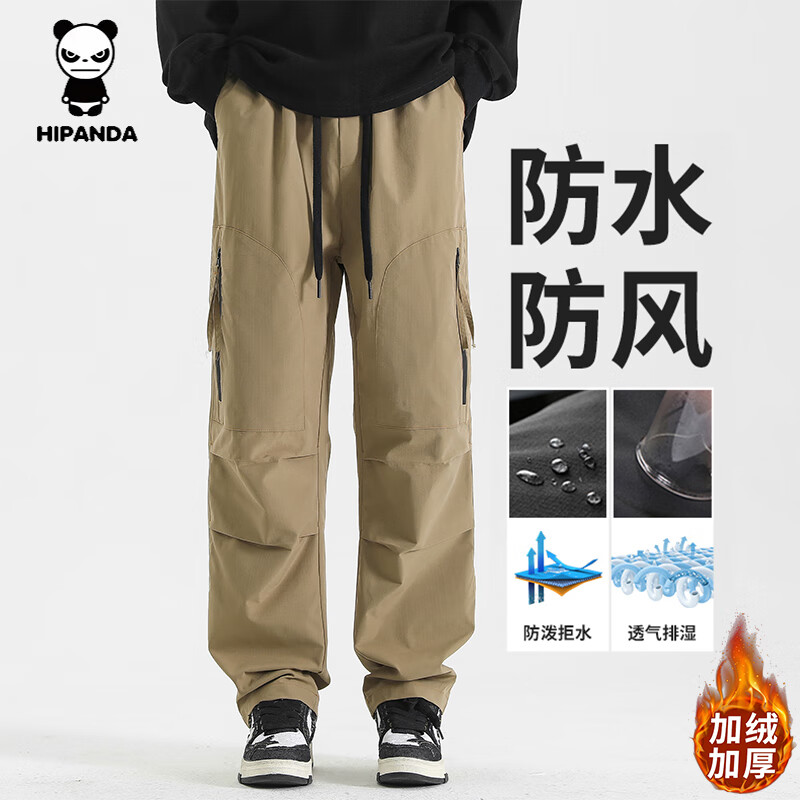 HIPANDA你好熊猫男士工装裤2025年秋冬新款加绒宽松直筒休闲冲锋男款裤子 卡其加绒 XL