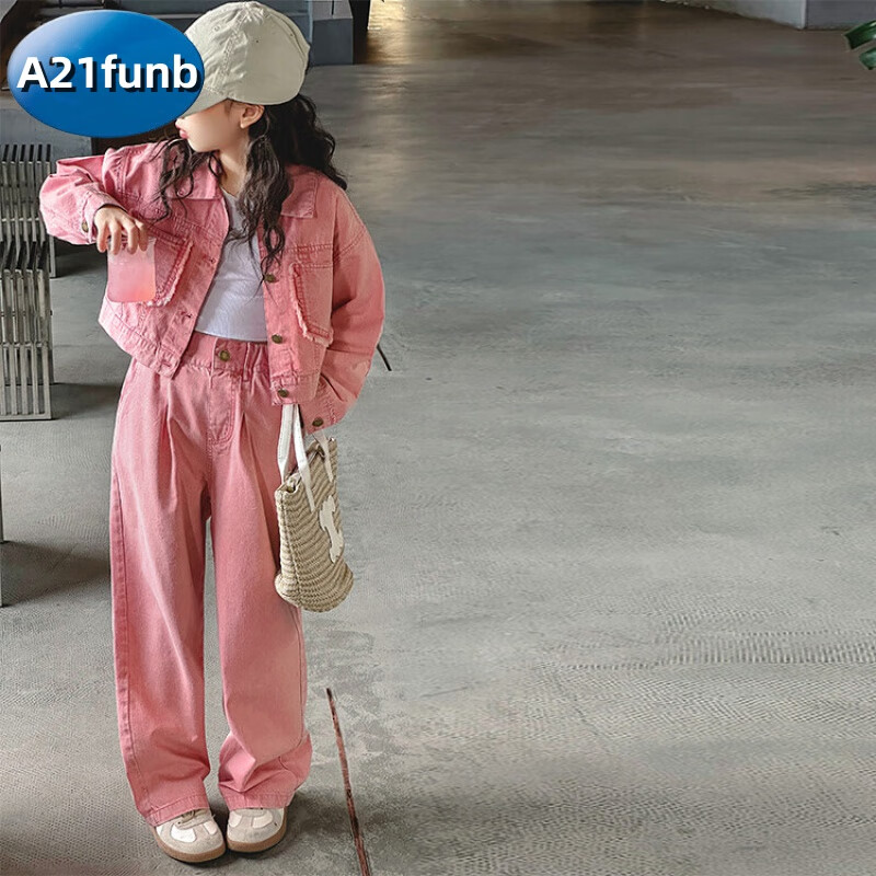 A 21 FUNB女童網(wǎng)紅套裝春秋2025新款大童洋氣牛仔衣服兒童休閑春季時(shí)髦童裝 短袖粉色短.袖 120 cm適合110-120cm