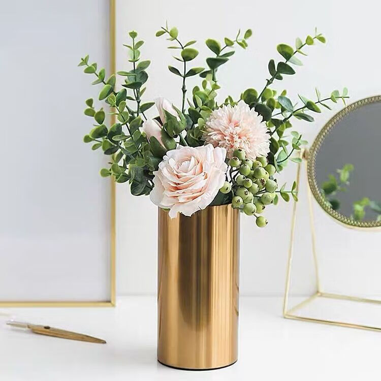 中掌柜铁圆筒花瓶 欧式圆筒金属电镀花瓶摆件客厅样板房金色铁艺插花