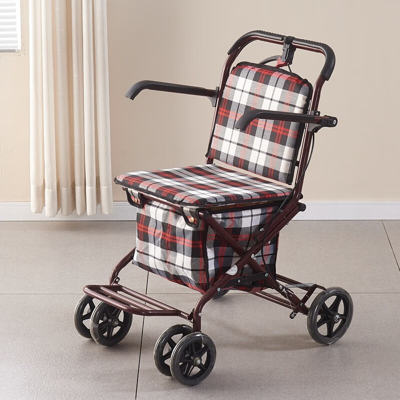 可推可坐四轮手推车折叠助步家用买菜车便携老年小推车 新款a-加厚更