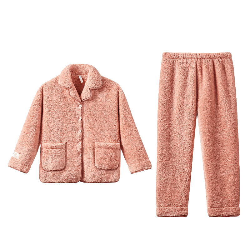 海澜之家【抱抱绒】睡衣女士翻领长毛珊瑚绒抗菌防螨长袖长裤家居服套装