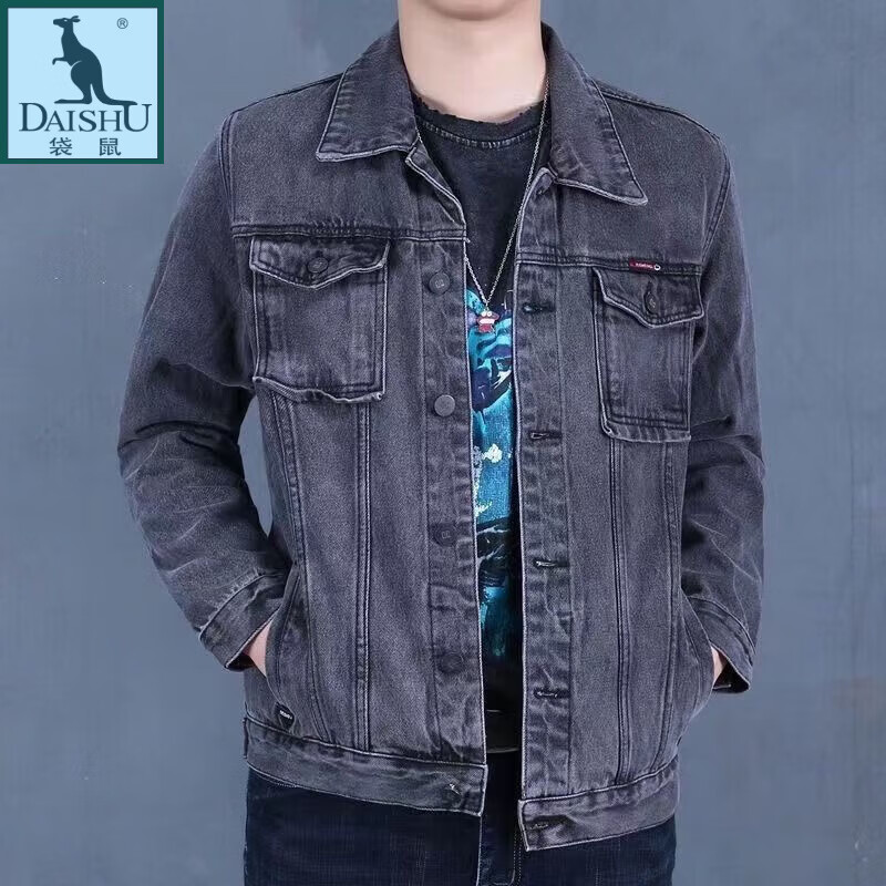 袋鼠  秋季高端牛仔外套男寬松多口袋潮流百搭帥氣上衣大碼翻領(lǐng)休閑夾 黑灰色 Y847[內(nèi)有口袋] M 建議90-115斤