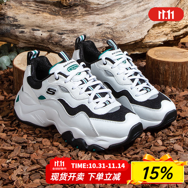 斯凯奇（Skechers）男鞋春夏季2025新款老爹鞋轻便运动鞋厚底增高透气休闲三代熊猫鞋 白色/绿色-WGRN 39.