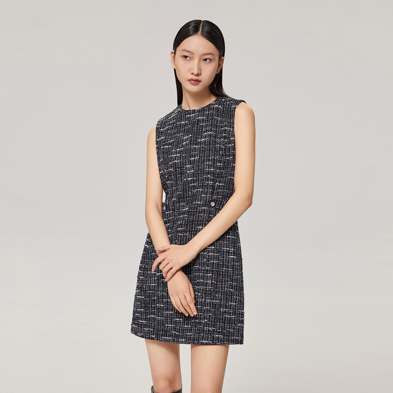 OVV【经典粗花呢】OVV秋冬热卖女装意大利进口粗花呢花纱连衣裙 黑色花纹A2 M