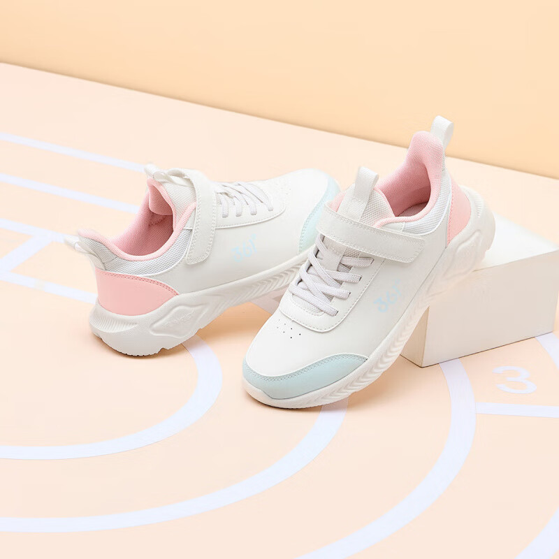 361°儿童运动鞋男童跑鞋秋冬密网轻便魔术贴女童皮革加绒保暖运动鞋 【皮革】羽毛白/甜心粉色/萌芽绿色 41