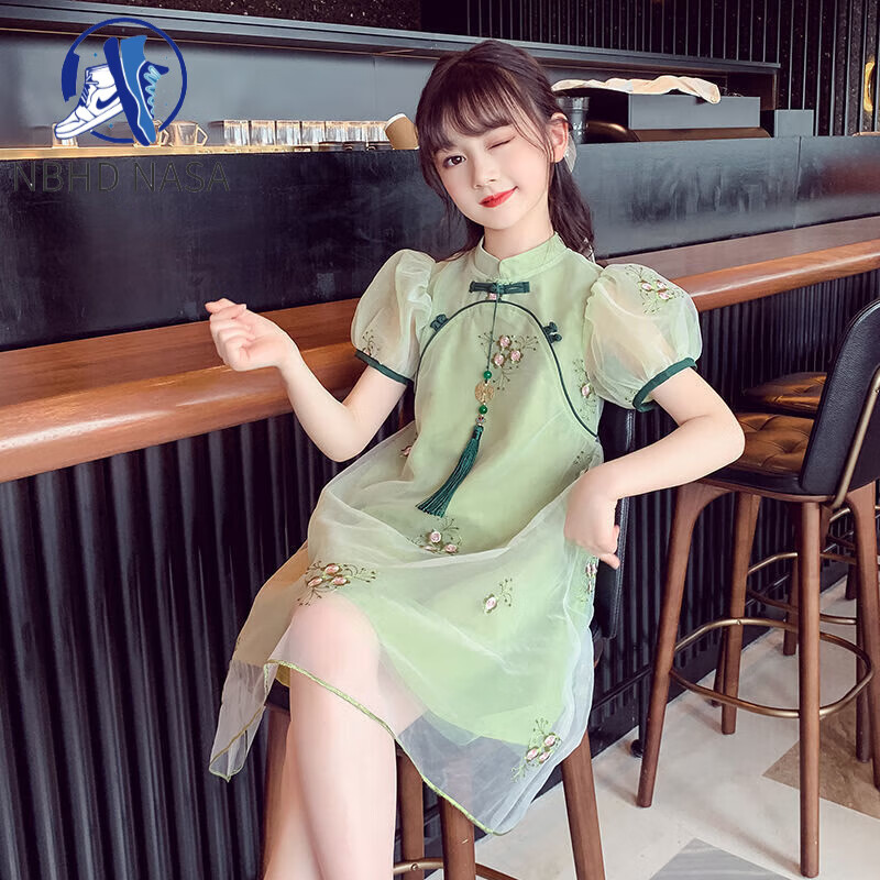 COMIC SOUL女童漢服連衣裙夏季改良裙短袖薄新款中國風(fēng)女童仙女公主裙旗袍裙 草綠色旗袍 100