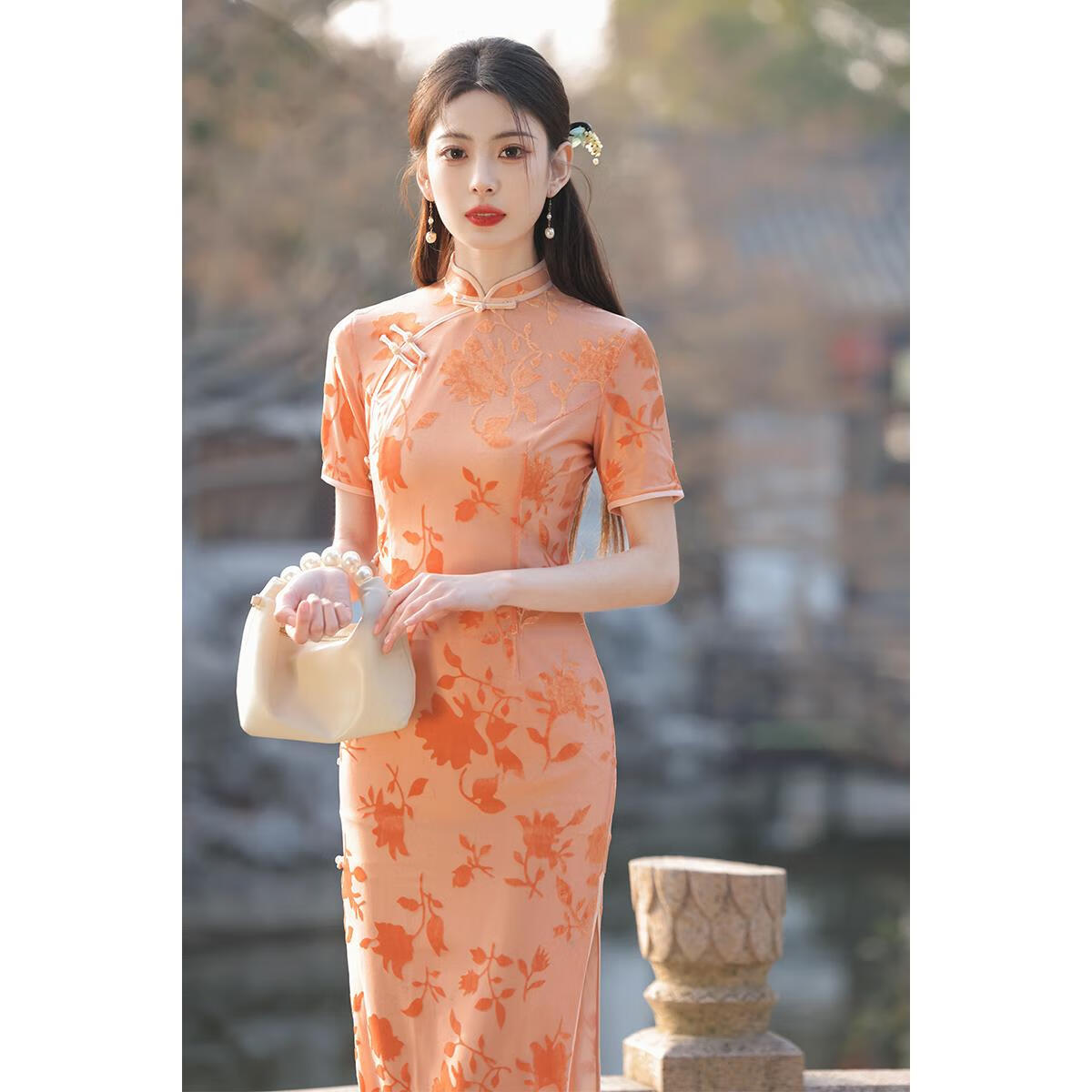 nakezg橘色新中式春季改良旗袍女2024新款年轻款少女连衣裙夏季日常可