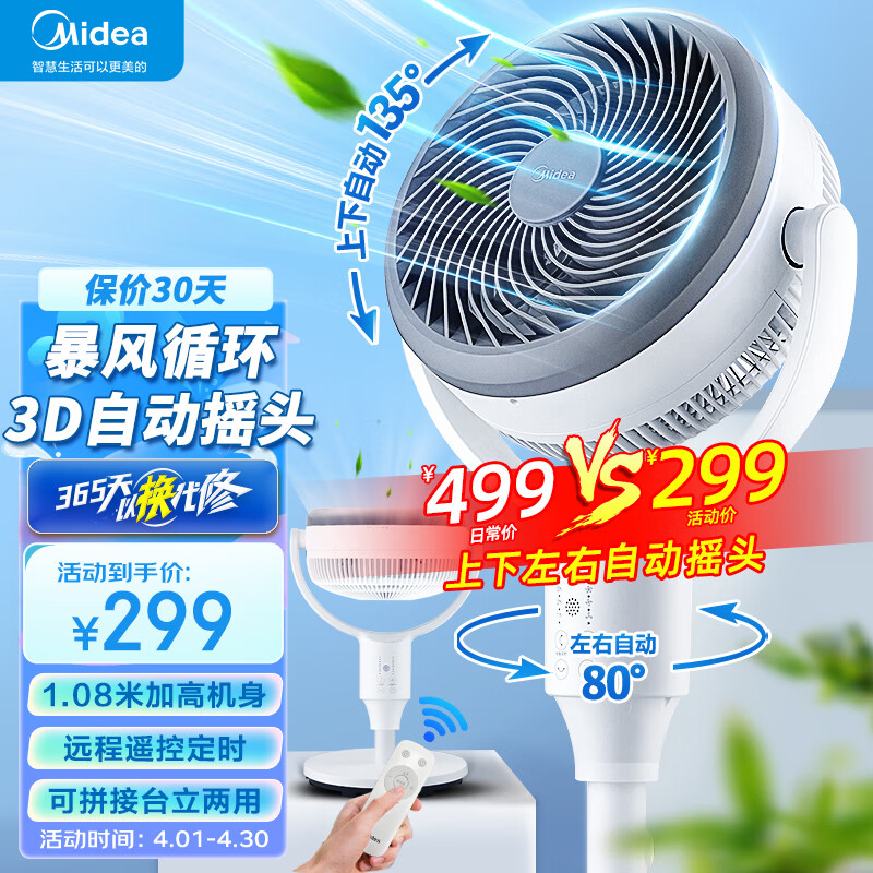 美的（Midea）电风扇 空气循环扇家用立式遥控落地扇涡轮换气扇循环对流3D摇头电扇轻音低噪大风力节能风扇 GAG24JR【3D摇头 累计销售6W+】