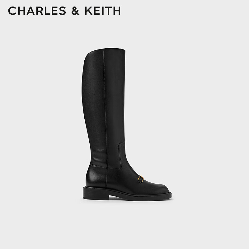 CHARLES&amp;KEITHGabine牛皮高筒骑士靴女生日礼物女送女友SL1-91870008 Black黑色 36