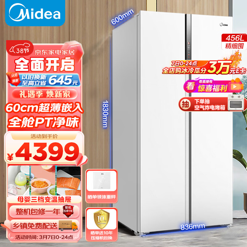 美的（Midea）60cm薄系列456升电冰箱双开门对开超薄嵌入式一级能效无霜家用净味BCD-456WKPZM(E)大容量怎么样,好用不?