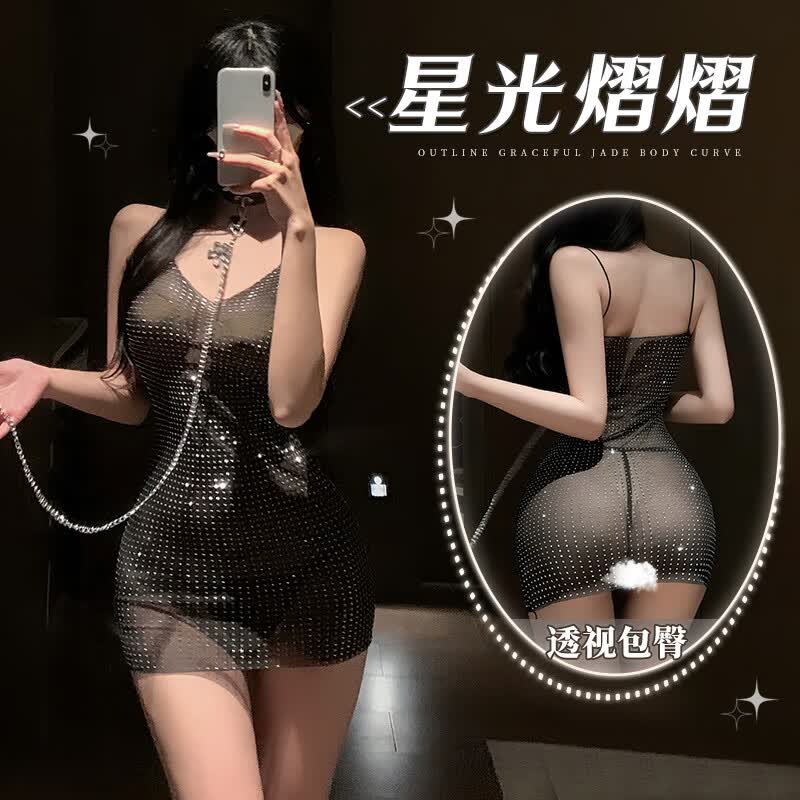 霏慕情趣包臀连衣裙套装吊带睡裙内衣女级污度诱惑夫妻刺激性感透视 暗夜繁星【连衣裙+T裤】 均码【建议体重80-130斤】