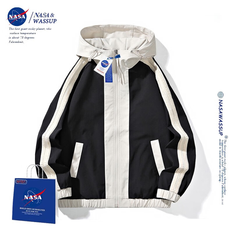 NASA WASSUP官方潮牌联名外套男春季拼色连帽夹克休闲帅气上衣男士百搭外套 黑色 M（建议100-110斤）