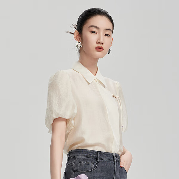 三彩秋女日常通勤風(fēng)直身型奶白色短袖襯衫S24311111C20 奶白色 XS