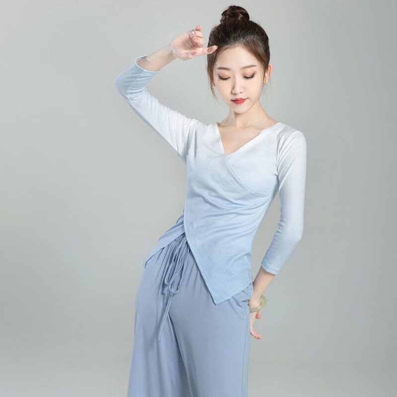 潮思匯現(xiàn)代舞蹈服裝練功服漸變女中國舞古典舞身韻形體服裝上衣 漸變藍(lán)全套【上衣+褲子】 M