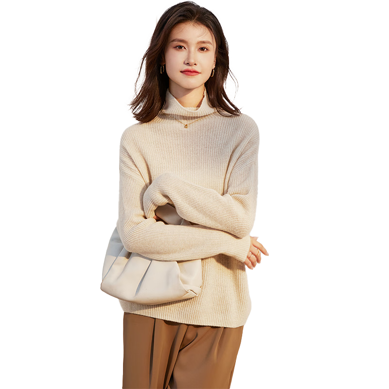 金菊特價(jià)山羊絨100%時(shí)尚高領(lǐng)落肩袖秋冬打底毛衣女式羊絨衫  米色 L