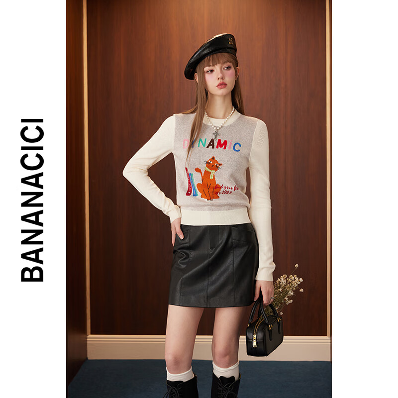 banana cici2024年秋季新款原创BC猫咪系列提花长袖套头针织衫C243MY112 白色 XL