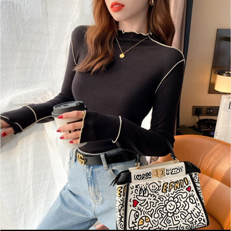 简洁界广州十三行木耳边打底衫女 款内搭修身显瘦双面穿长袖T恤女 清新绿 XL (120-150斤)