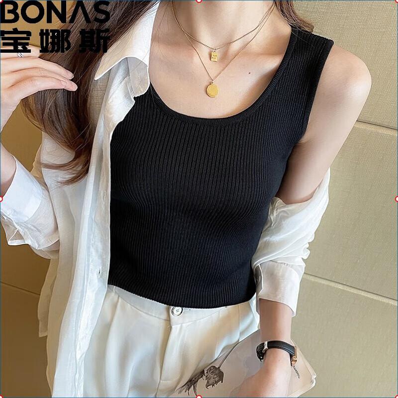 宝娜斯（BONAS）S新款时尚背心冰丝螺纹吊带 921#黑 