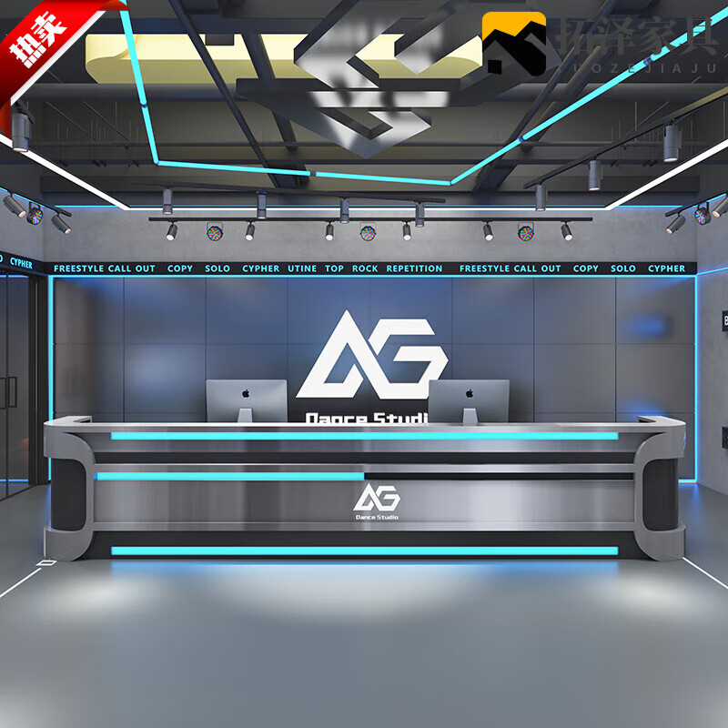 卡漫尔馨转角吧台收银台柜 科技感台球室银不锈钢收银台前台设计接待