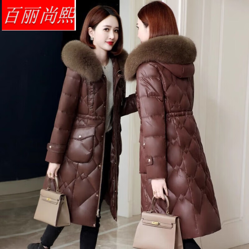 百丽尚熙羽绒服女中长款2024冬季新款收腰显瘦白鸭绒加厚亮面高端外套