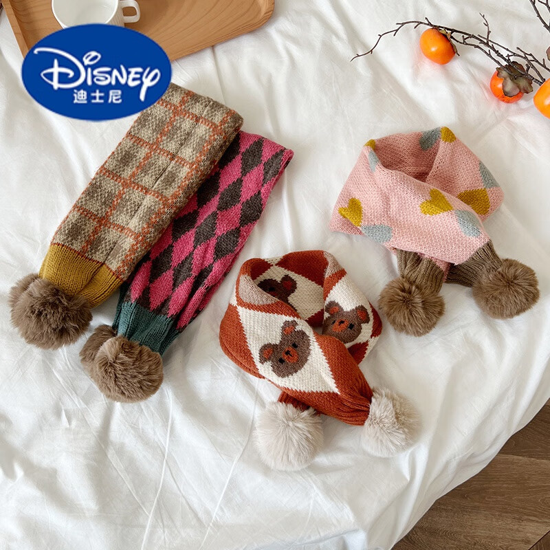 迪士尼（Disney）儿童围巾秋冬季加绒加厚宝宝交叉围脖男女童防风保暖柔软亲肤脖套 \【可爱宝宝萌萌巾】少女心/