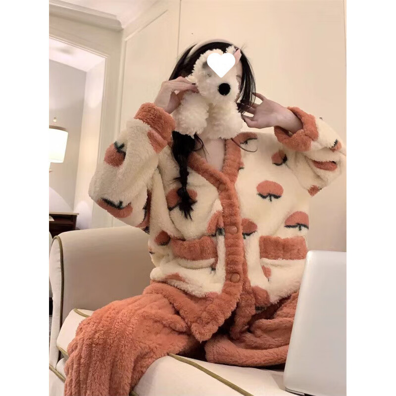 有只绵珊瑚绒家居服套装女居家仙女暖暖睡衣加绒加厚舒适保暖居家两件套 乌龙桃 均码 【适合80-140斤】