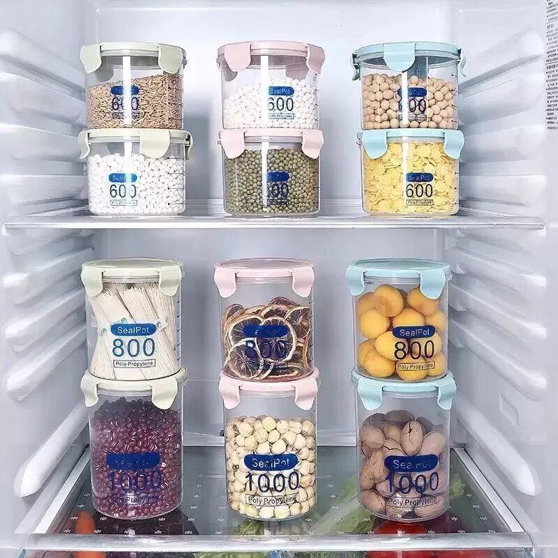 厨房密封罐塑料瓶保鲜收纳盒储存储物罐子奶粉罐五谷杂粮食品罐子 1ml 北欧浅蓝 (3个小+3个中)/ 6个装
