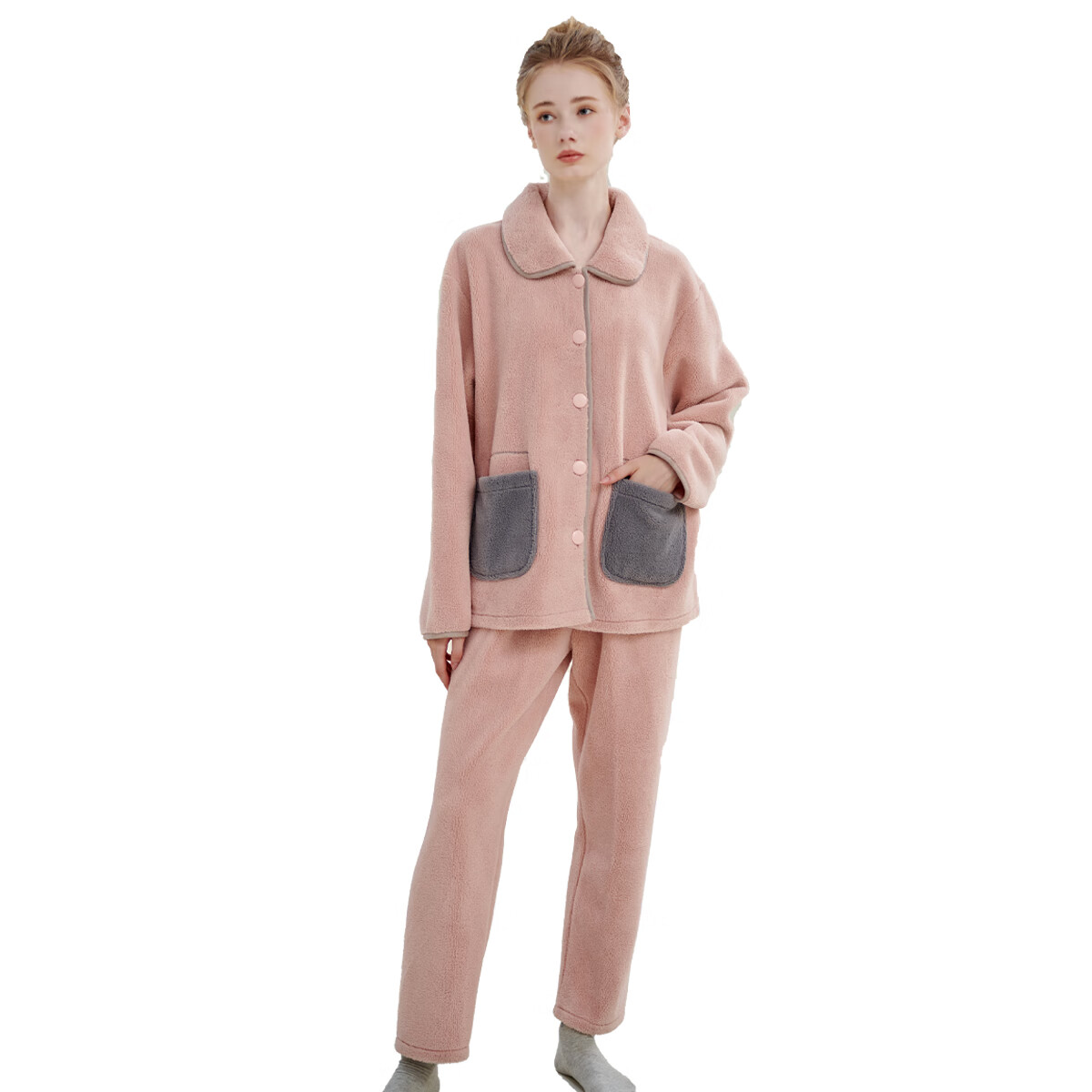 绮瑞女士家居服秋冬女复合绒加厚睡衣休闲时尚高级感珊瑚绒套装大码 灰蓝 2XL (适合140-160斤)