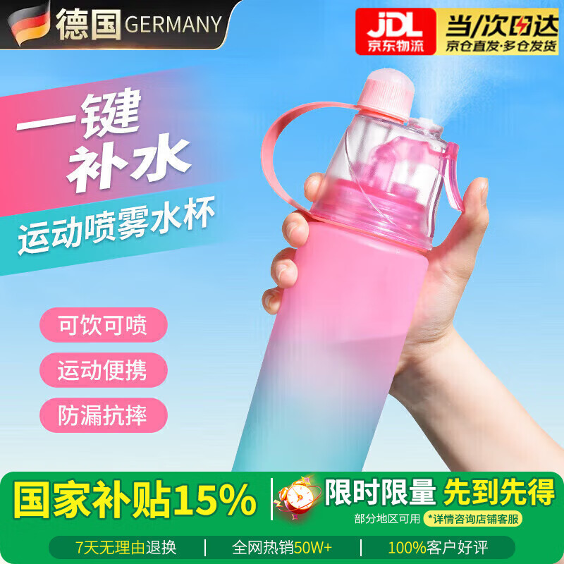 AILUKI德国喷雾水杯学生上学专用便携男女儿童大容量塑料杯子运动水壶 渐变粉蓝色600ml【运动降温-锁水黑科技】